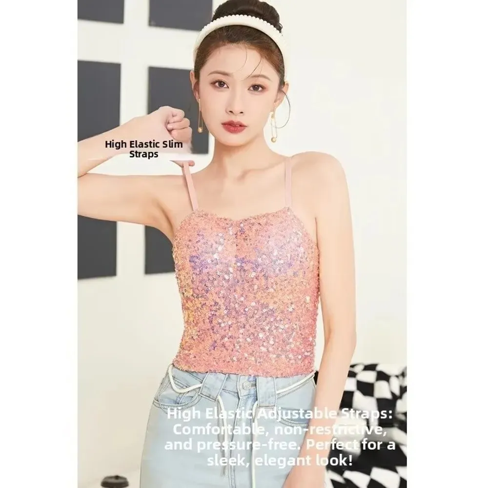 Camiseta sin mangas de una pieza con lentejuelas brillantes, chaleco envolvente fijo en el pecho, chaleco sin espalda de alta elasticidad, ropa interior, chaleco de capa Base corta, Top de verano — image 7