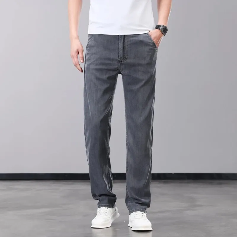 Seluar Jeans Lelaki Nipis Musim Panas Lyocell Fabrik Lembut Bernafas Seluar Denim Lurus Jenama Lelaki Elastik Sutera Ais Seluar Kasual Kelabu Biru — image 3