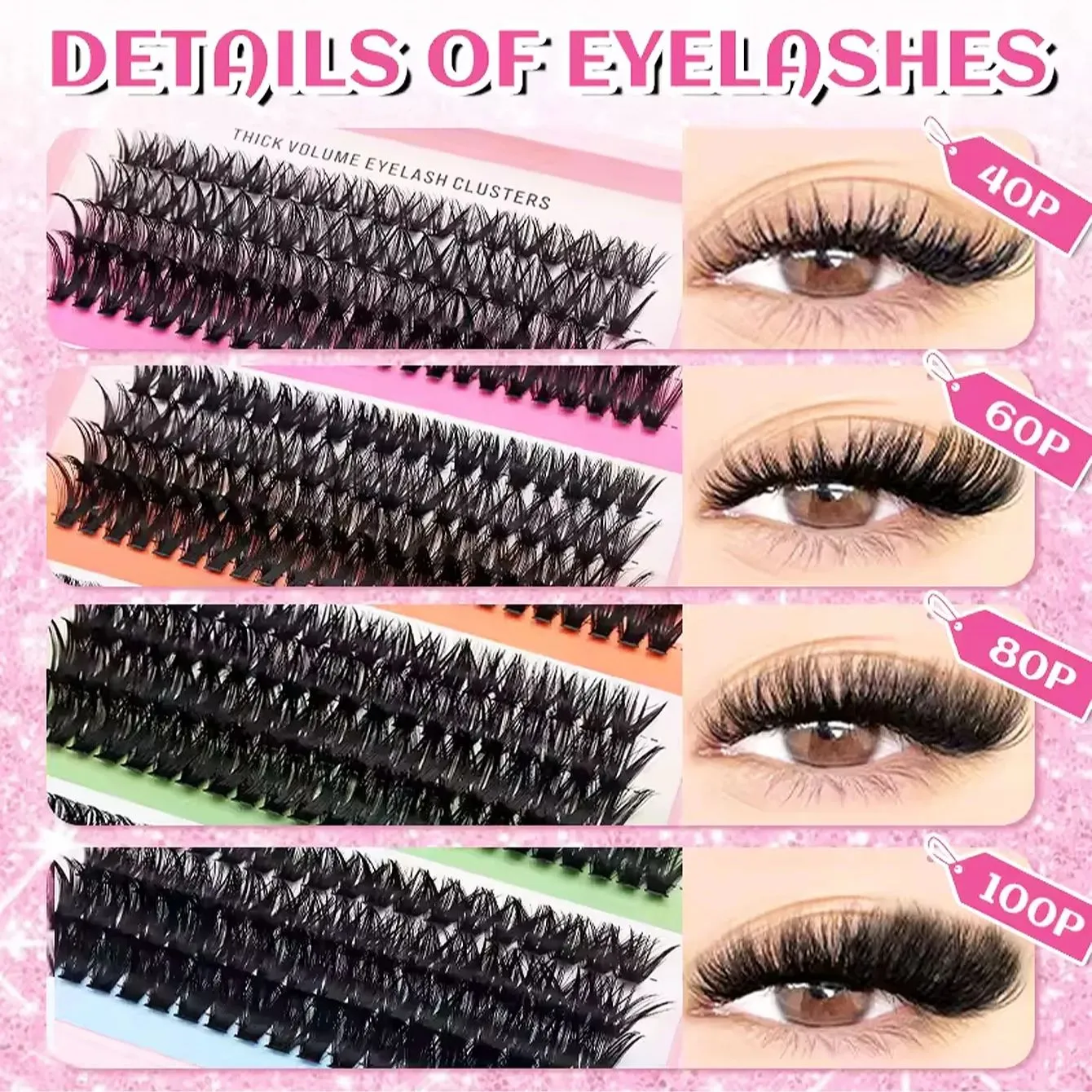 Cat Eye 16 rækker Cluster Lashes 406080100P Blandede DIY Individuelle øjenvipper Tykke Bakke DIY Eyelash Extension Wispy Volume Eyelashes — image 4