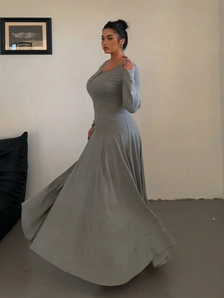 Robe longue fluide trapèze élégante en tricot de couleur unie grande taille | Robe longue pour femme | Style décontracté et de banlieue — image 3
