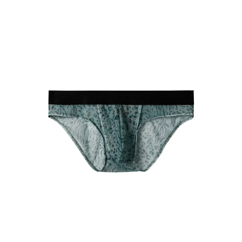 Separate Dual-Pouch-Slips für Herren, Sommer-Eisseide, durchsichtige Höschen, atmungsaktives Mesh, Leopardenmuster, für Reisen, schnell trocknende Unterwäsche
