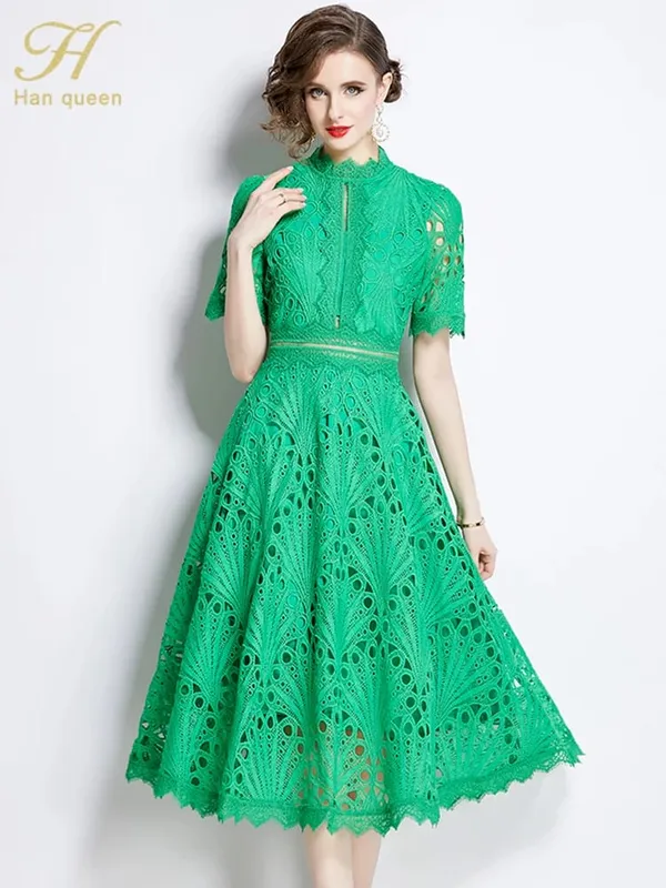 H Han Queen printemps nouveau élégant décontracté travail robes de soirée Floral Crochet évider dentelle Patchwork décontracté bureau robe mi-longue — image 9