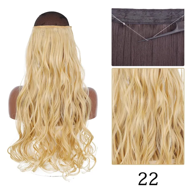 Estensioni dei capelli sintetiche senza clip regolabili con linea di pesce, parrucchino naturale biondo marrone ondulato lungo resistente al calore per le donne — image 18