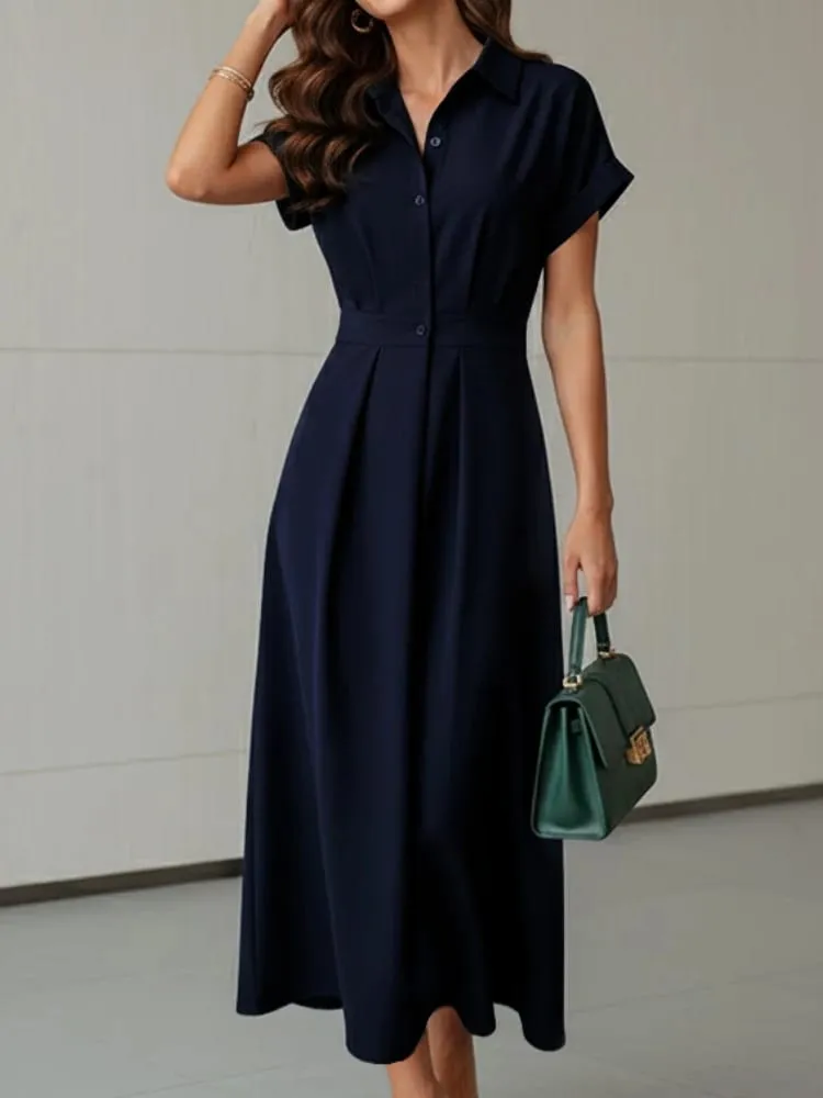 Elegant Chic ผู้หญิงชุดยาวลำลองแขนสั้นคอเอวสูง Casual & Day เสื้อชุดสีทึบ S-3XL — image 6