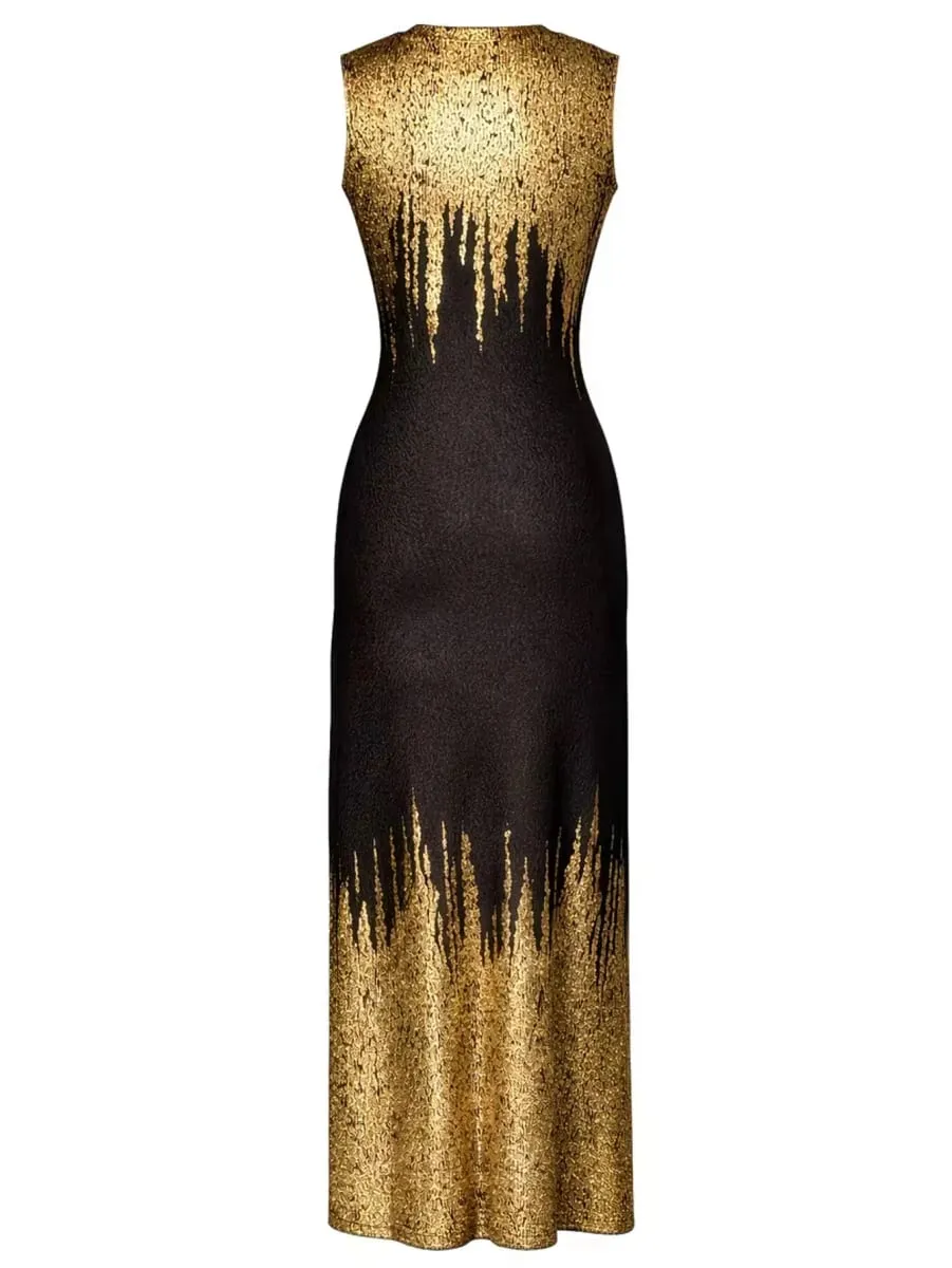 Womens Elegant Round Neck Sleeveless Wedding Evening Party Floor Length Black Gold Mermaid Hem Sequin Formal Dress — image 4