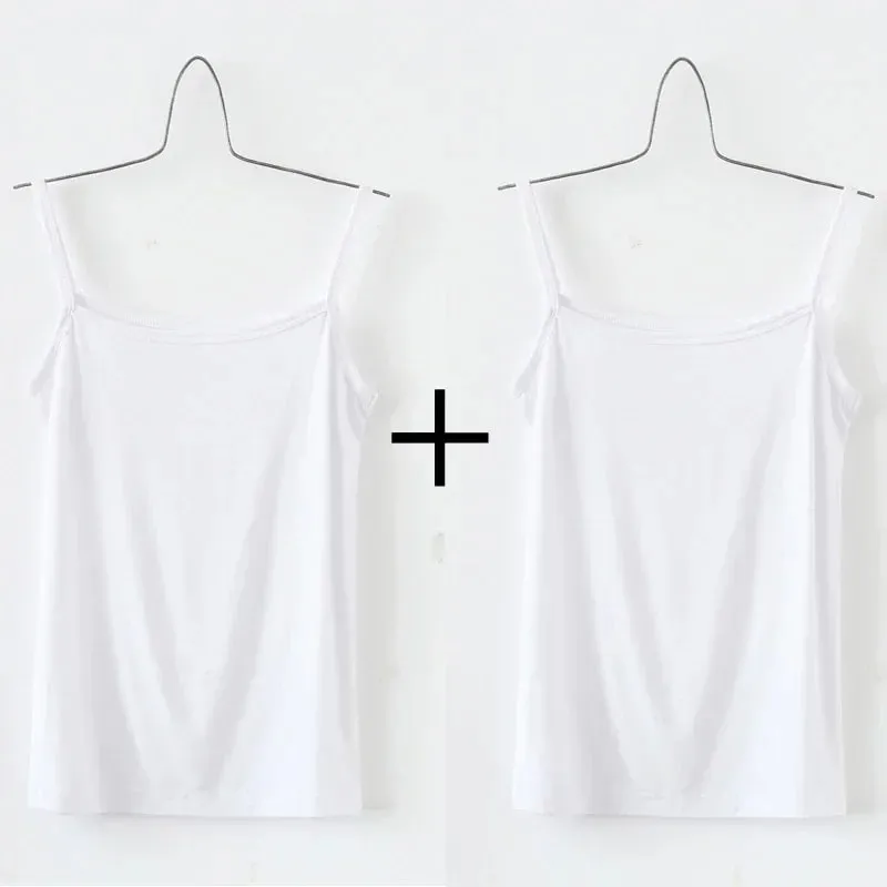 Women's Solid Color Spaghetti Straps Sleeveless Slim Camisole with Chest Pad Cotton Summer Wear Outside Female Short Tops Vests