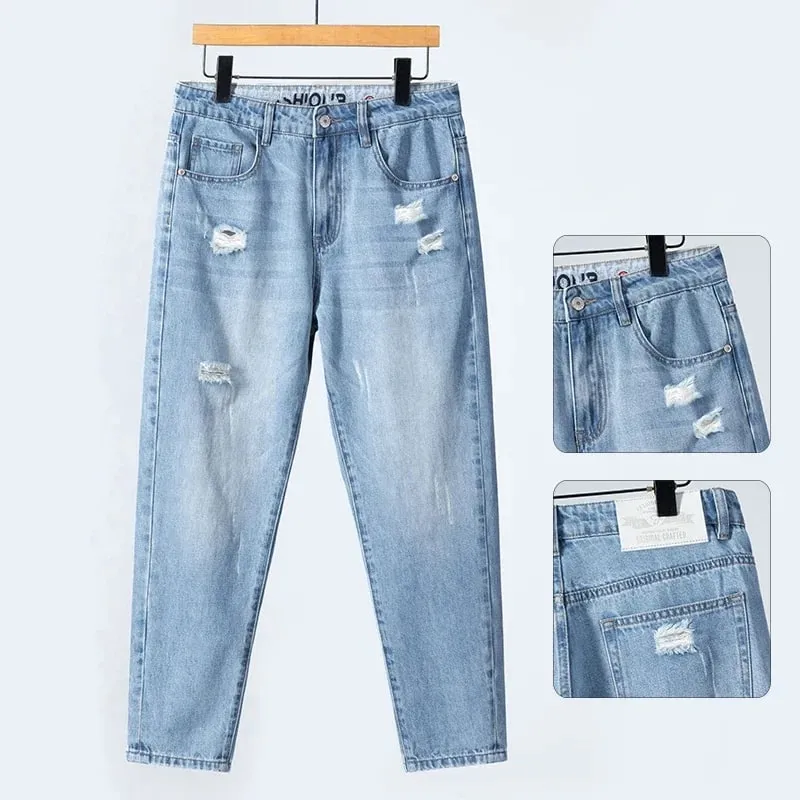 Seluar Jeans Koyak Nipis Musim Panas Lelaki Lurus Bernafas Denim Seluar Kasual Pakaian Jalanan Harlen Seluar Panjang Buku lali Biru Muda — image 2