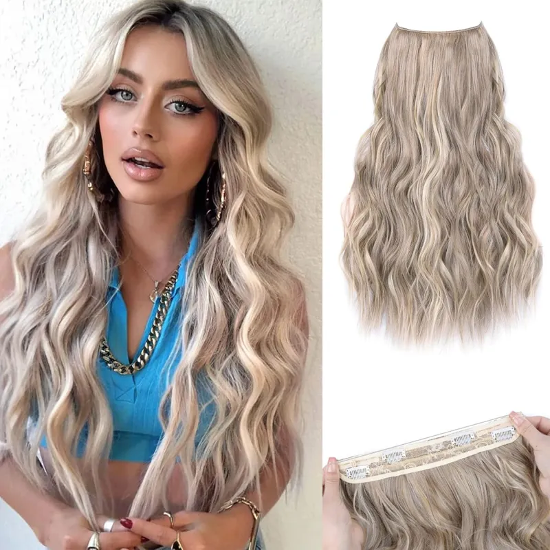 Extensions de cheveux synthétiques à fil Invisible, 4 Clips, ligne de poisson naturelle longue et ondulée, faux postiche une pièce pour femmes — image 12