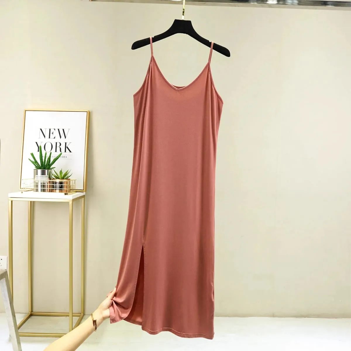 Womens Modal Volledige Slip Jurk Ondergoed Veststrap Solid Lange Onder Jurk Hemdje Slips Innerlijke Petticoat Vrouwen Intimates — image 5