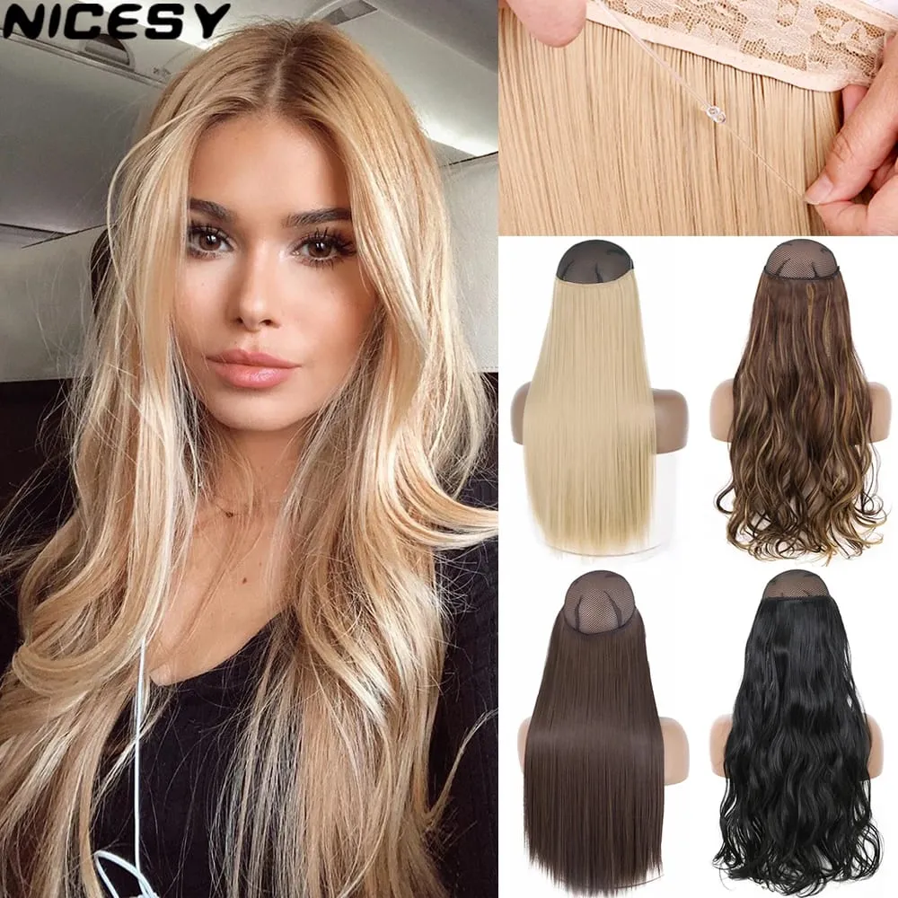 Synthetic Long Wavy No Clips Invisible Wire Hair Extensions Black Brown Blonde Fish Line False Hairpiece Piece — image 1