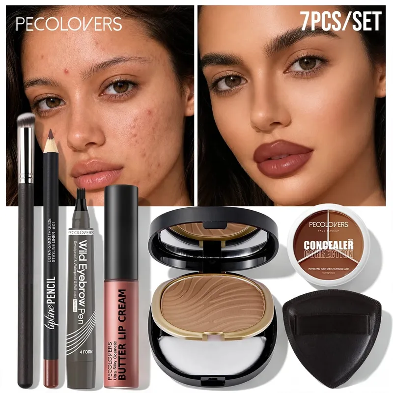 7 STK Ansigtsmakeup Sæt Langtidsholdbar Concealer Contour Powder Lip Cream Vandtæt øjenbrynspen med makeup børste — image 3