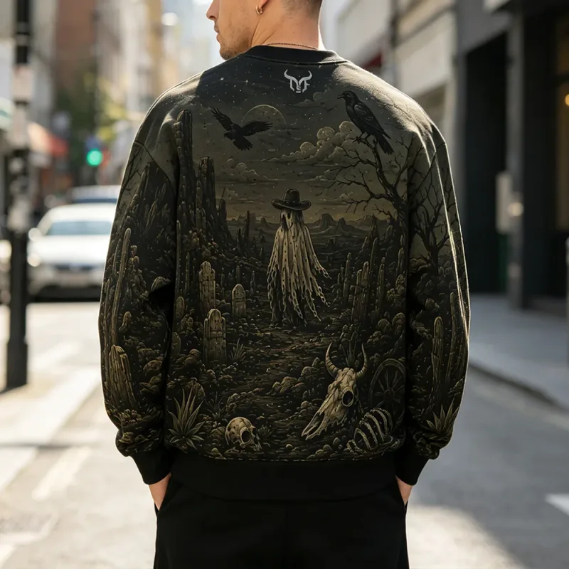 Vintage Dark Western Ghost Print Sweatshirt Desert Cactus Graphic Pullover Long Sleeve Tops Halloween Fashion Casual Streetwear — image 7