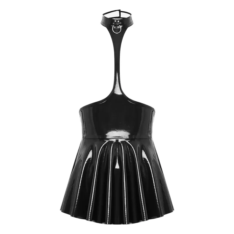 สตรี Shiny Metallic Faux หนัง Hollow Out Halter Backless Mini Skater Dress ดูเปียกจีบกระโปรงสายปาร์ตี้ Clubwear
