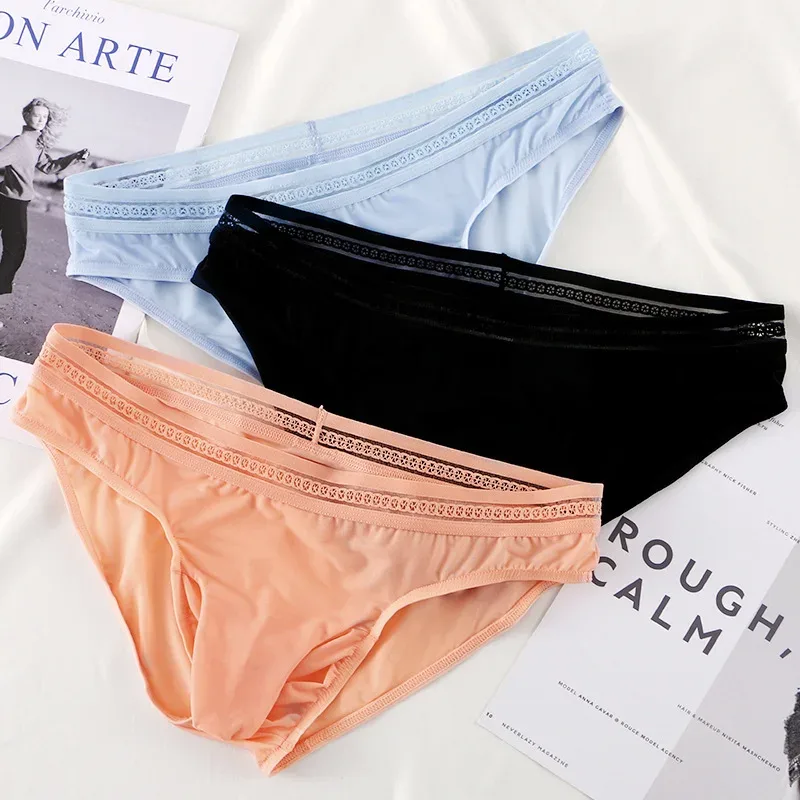 Calzoncillos de seda helada para hombre, ropa interior ultrafina de secado rápido con cintura de encaje elástica, ropa interior de Bikini transpirable sin costuras, 1/3 Uds. — image 3