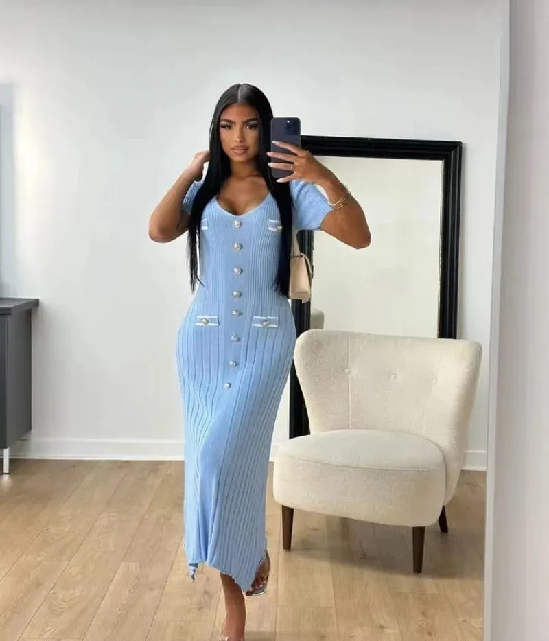 Elegante Gestrickte Maxi Kleider Bodycon Kurzarm Rüschen Einreiher 2025 Neue Kleid Casual Communte Streetwear Vestidos — image 3