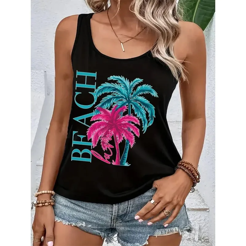 Top estivi da donna con stampe di alberi di cocco Top senza maniche. Abbigliamento da spiaggia comodo e casual per uno stile da vacanza. — image 4