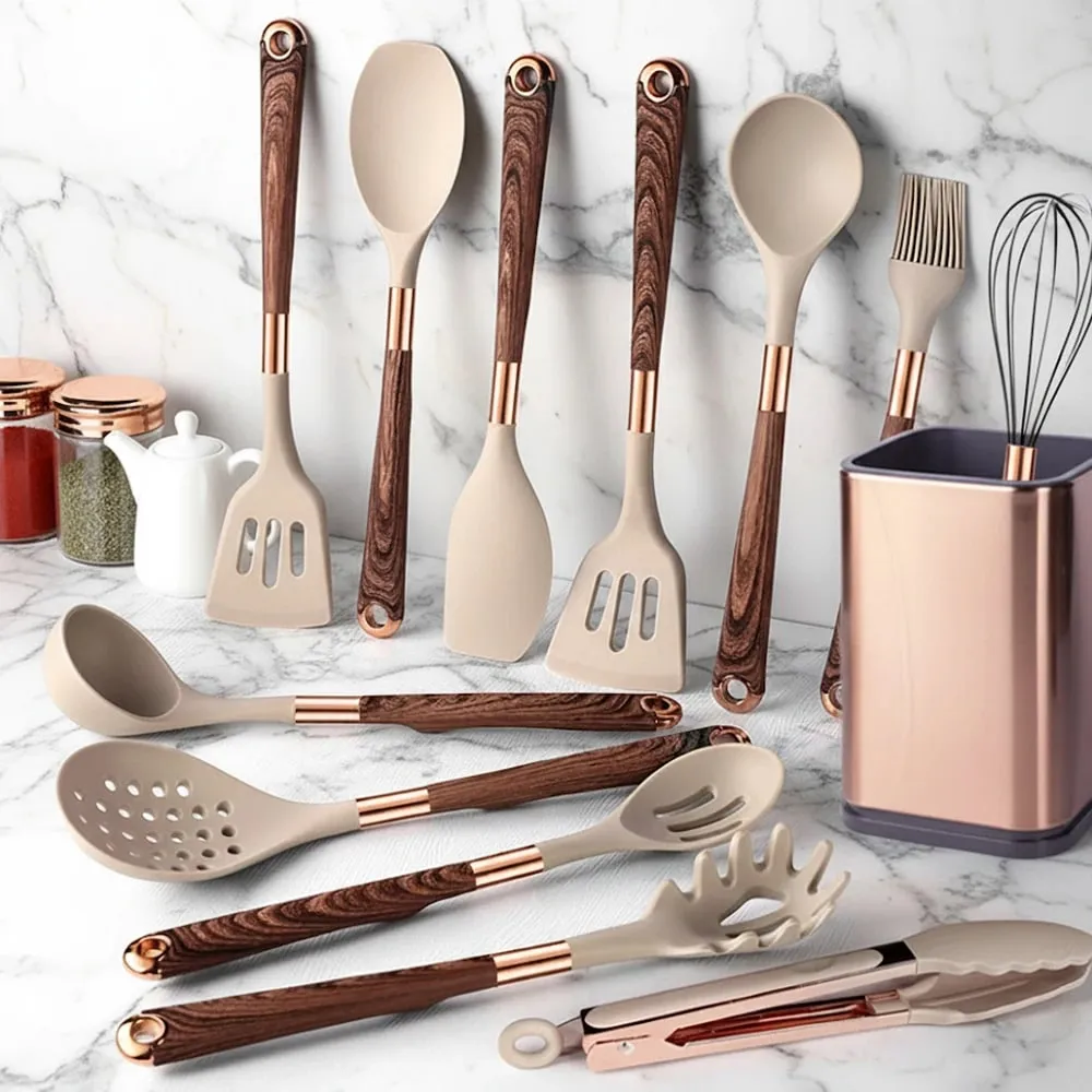 Silikone køkkenredskaber sæt non-stick non-stick varmebestandig spatel ske rose guld håndtag med spand Køkken gave — image 1