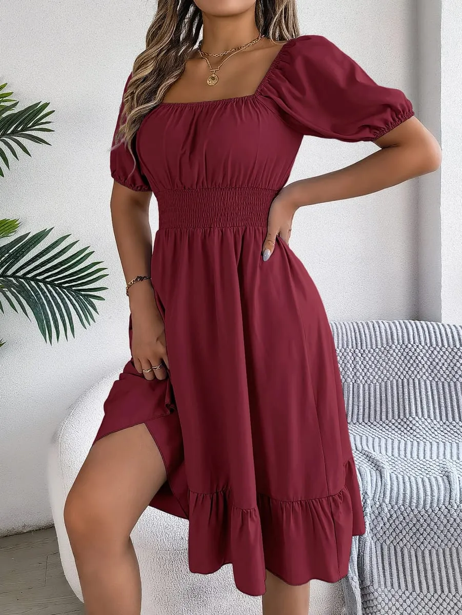 Frühling Sommer Elegantes Kleid mit hoher Taille Square Neck Kurzarm Rüschenkante Lange Kleider 2026 Valentinstag Damenbekleidung — image 4