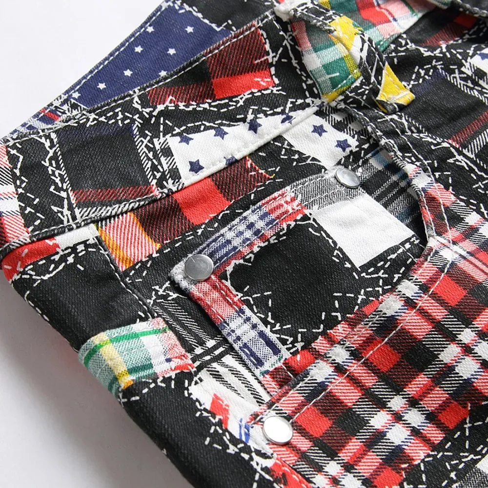 Jeans da uomo con stampa digitale scozzese Toppe alla moda Pantaloni in denim elasticizzato patchwork Pantaloni dritti slim — image 3