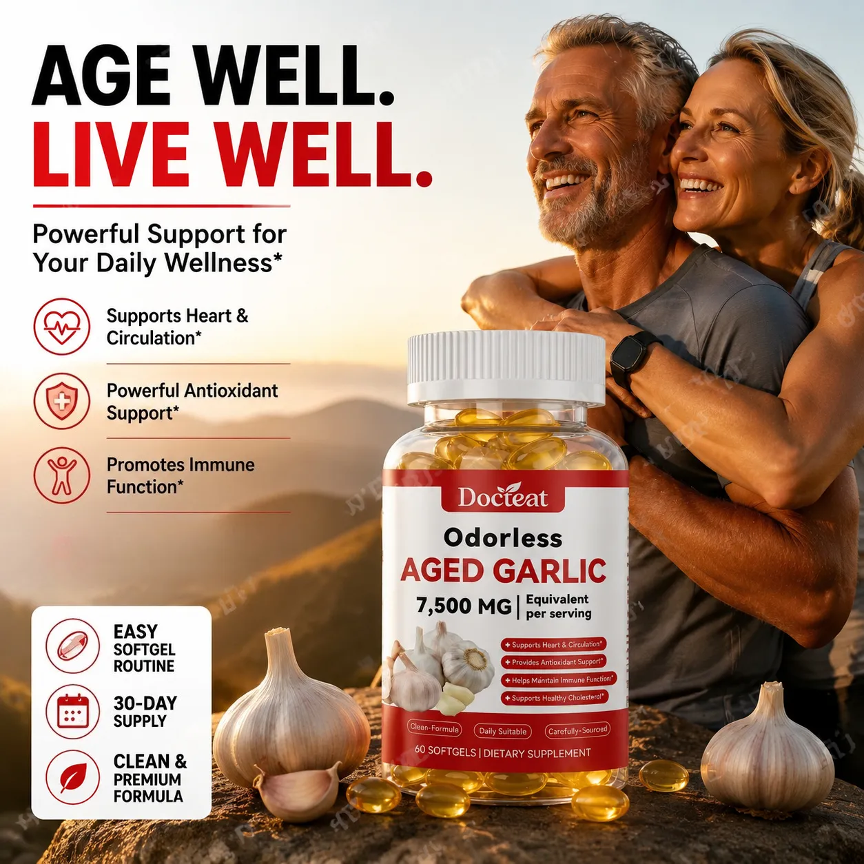 Odorless Aged Garlic Extract 7500mg เทียบเท่า 60 ซอฟท์เจล - ระบบภูมิคุ้มกันสุขภาพหัวใจอาหารเสริมสารต้านอนุมูลอิสระสำหรับผู้ใหญ่ — image 1