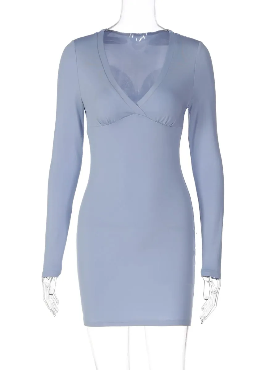 Hugcitar Fashion V Neck Long Sleeve Solid Ruched Sexy Bodycon Mini Prom Dress Autumn Female Clothes Evening Party Birthday — image 6