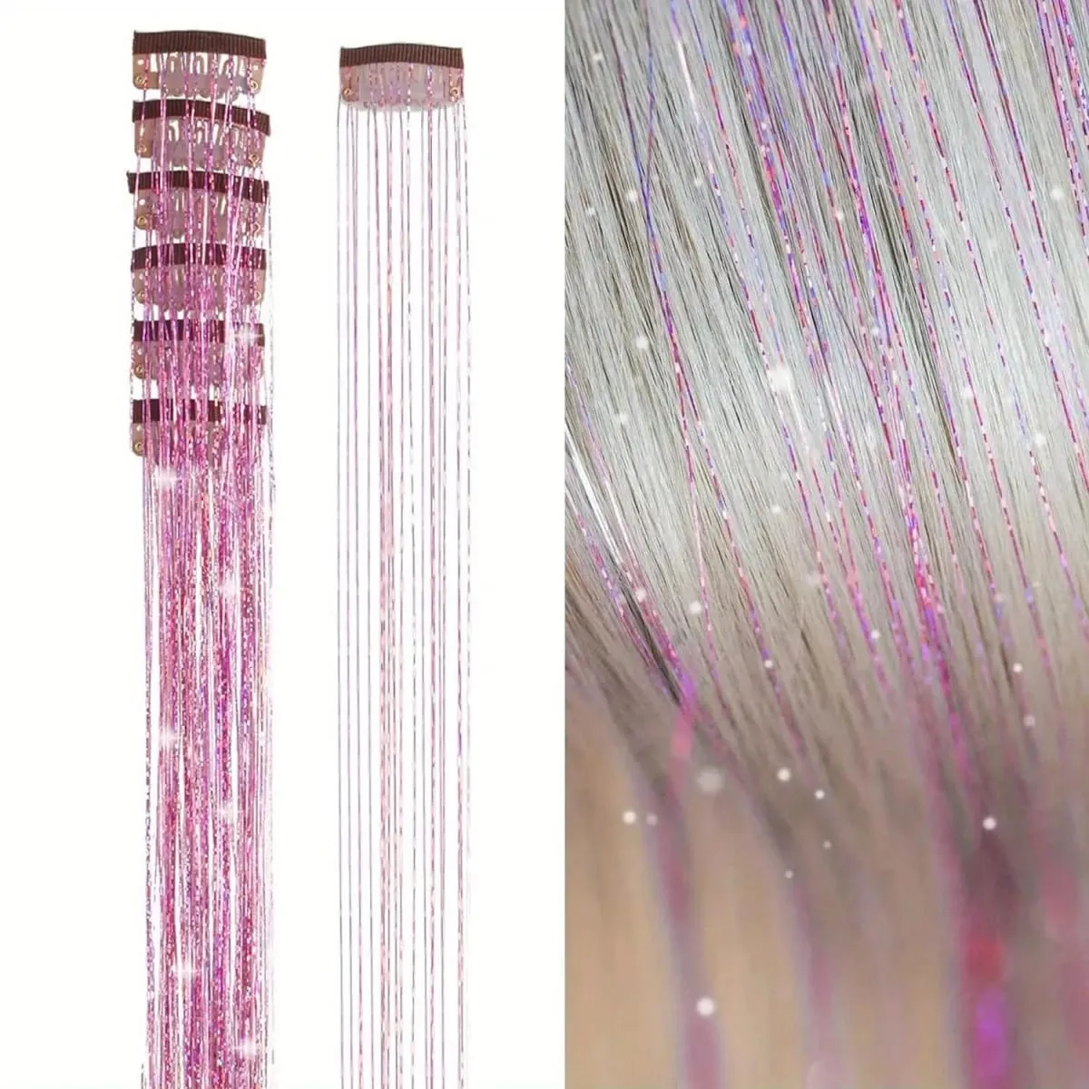 Farbe helle Seide Clip nahtlose Haarverlängerungen glitzernde Goldseide schillernde Laserdraht-Farbstreifen synthetische Perücken — image 10