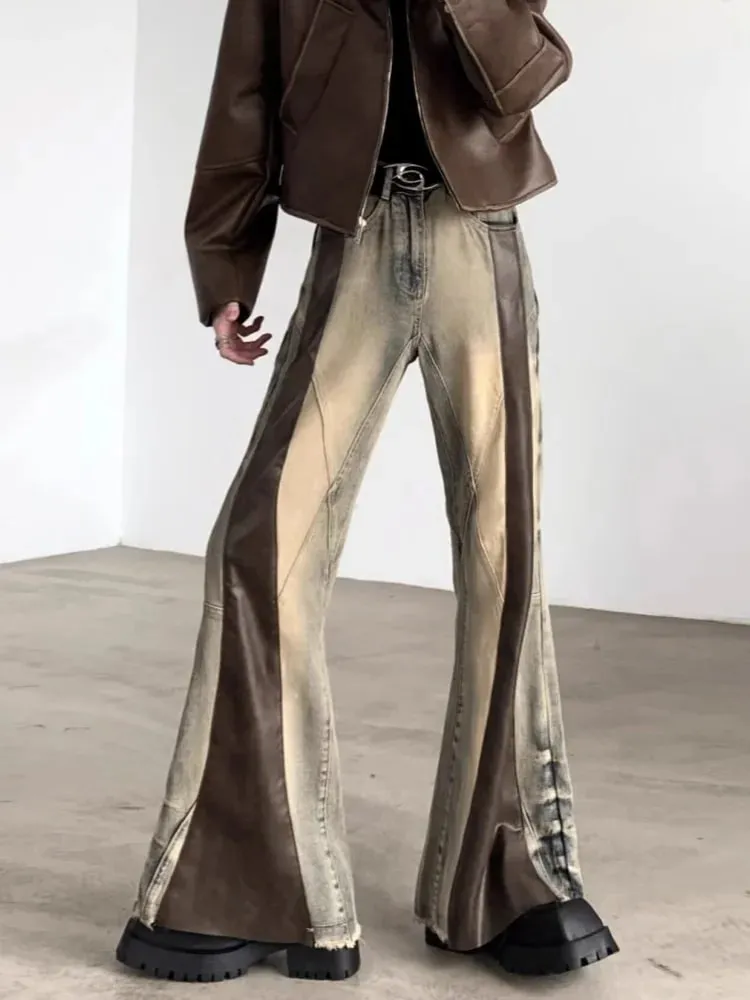 Trashy Y2K 2000S Pu skórzany patchworkowy wąskie dżinsy rozkloszowane spodnie dla mężczyzn 90S ubrania vintage Colorblock spodnie dżinsowe Moda Hombre
