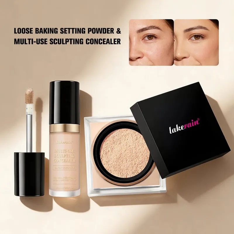 Set Solekan Wajah 2pcs Dengan Concealer dan Bedak Tetapan Longgar Wajah Asli Licin Matte Kemasan Kosmetik Wanita Makeup Korea