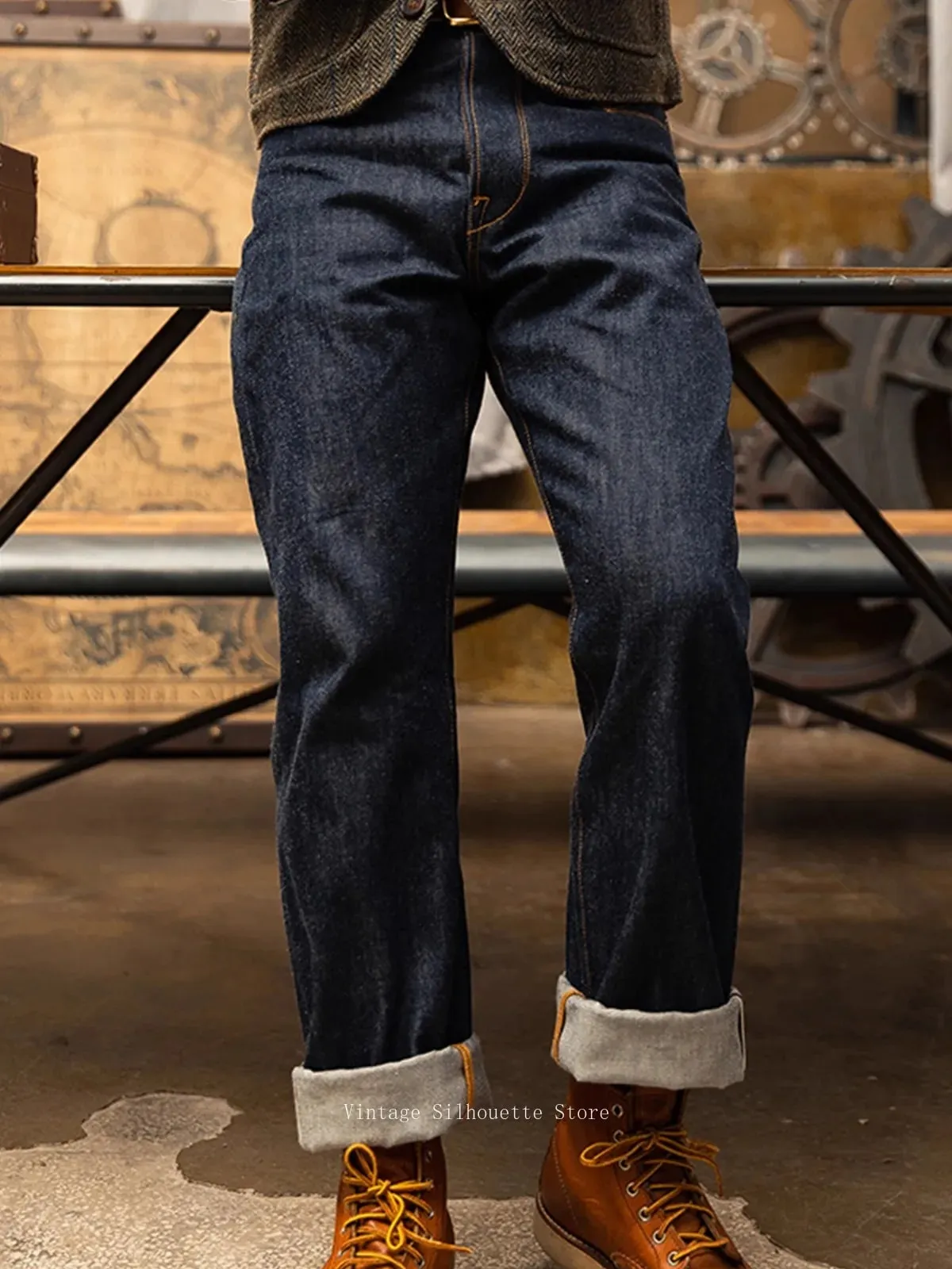 Jean rouge Tornado 350 Selvedge avec poches et coutures avec boucle au dos, pantalon en denim brut 14oz — image 4