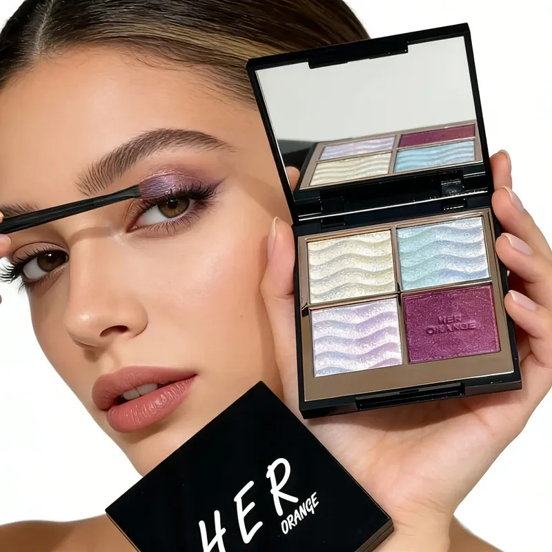 Palet Eyeshadow 4 Warna Herorange dengan Kuas Glitter Warna-warni Berkilau Multi-guna sebagai Sorotan & Perona Pipi untuk Pesta & Hadiah Sehari-hari — image 1