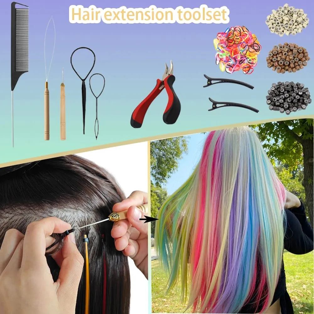 Bunte synthetische Federverlängerungen, 40,6 cm langes Haar-Werkzeugset für Frauen, 13 verfügbare Farben, 48-teiliges Set — image 3