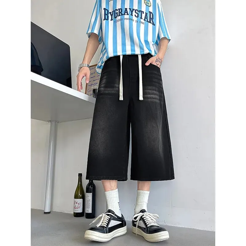 Loose Fit Cropped Jeans Elastic Drawstring Waist Stretch Denim Casual Wear Comfort Men Baggy Denim Pants Man 2023 Fashion Trendy — image 2