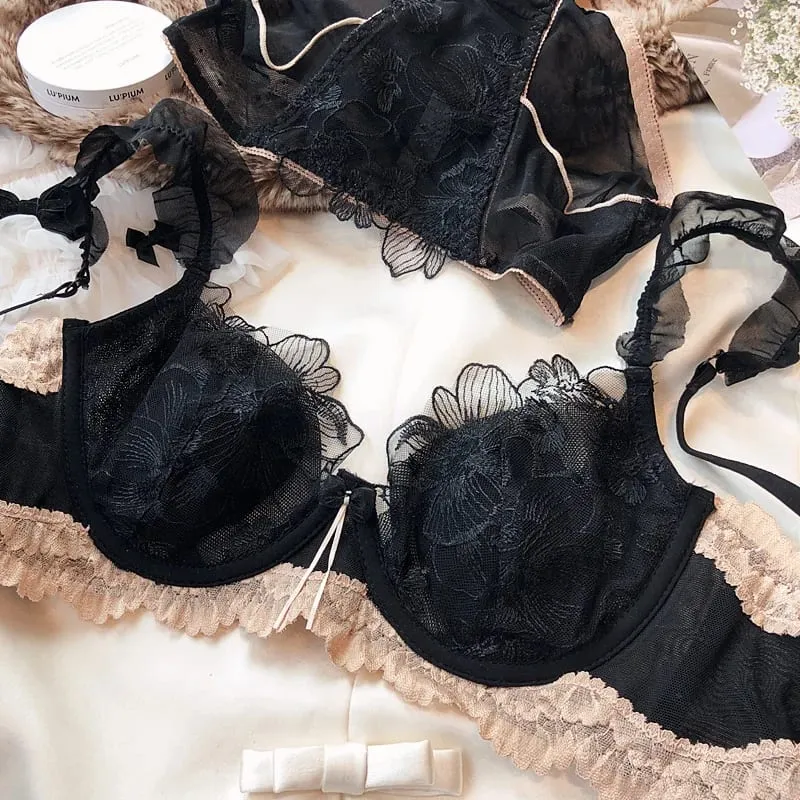 French Elegant Embroidered Lace Minimizer Bra Support Soft Underwire Rabbit Ear Cup Sexy Pure Lingerie Set Malaking Bust S-XL Tushy
