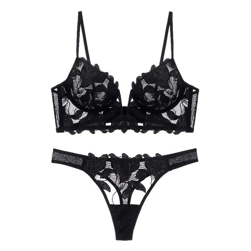Women Red Floral Lace Lingerie Set Sheer Underwire Thin Cup Bra Matching Thong Panties Sexy Hollow Intimates — image 1