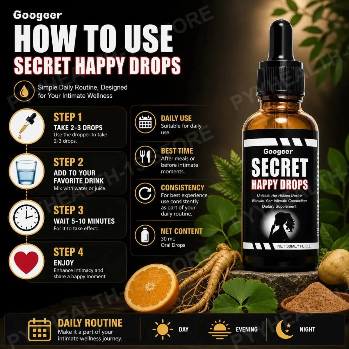 Googeer Secret Happy Drops Orale Tropfen, Kräuter-Epimedium, Maca-Wurzel, Ginseng, Ginkgo Biloba, unterstützen die Durchblutung, Intimität, 30 ml — image 6