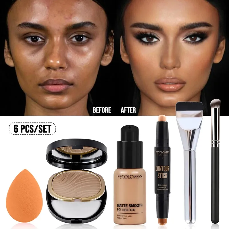 6PCS Face Makeup Kit 1 Foundation +1 Pressed Powder+1 Contour Set - Long-Lasting End Resistant to Makeup Fading
