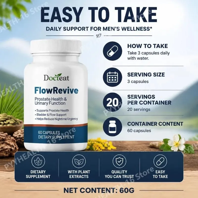 Βοτανικές κάψουλες Docteat FlowRevive Prostate Health Urinary Function με εκχύλισμα Saw Palmetto και Pygeum Bark 60 κάψουλες — image 4