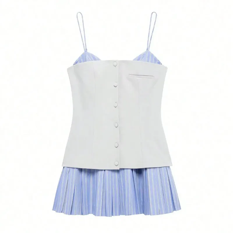 HH Womens 우아한 파티 가짜 2 조각 솔리드 Bustier 스트라이프 플리츠 스커트 여름 해변 휴가 캐주얼 스파게티 스트랩 미니 드레스