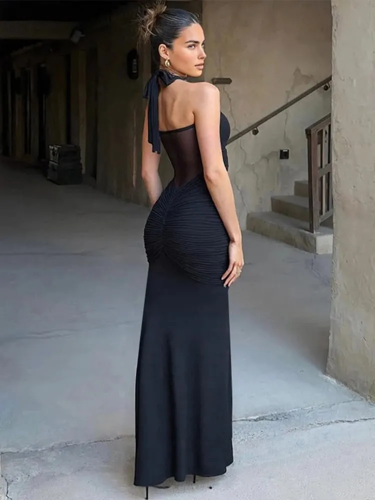 Nibber Halter Mesh Patchwork Dress Women Summer Trend Off Shoulder Backless Ruched Ribbon Midnight Prom Party Hipster Vestidos — image 3