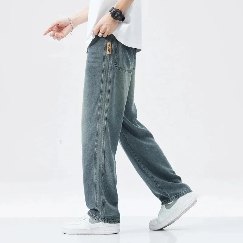 Stretch Jeans Männer 2024 Neue Lyocell Stoff Hohe Qualität Weiche Lose Breite Hosen Elastische Taille Casual Denim Hosen Streetwear — image 5