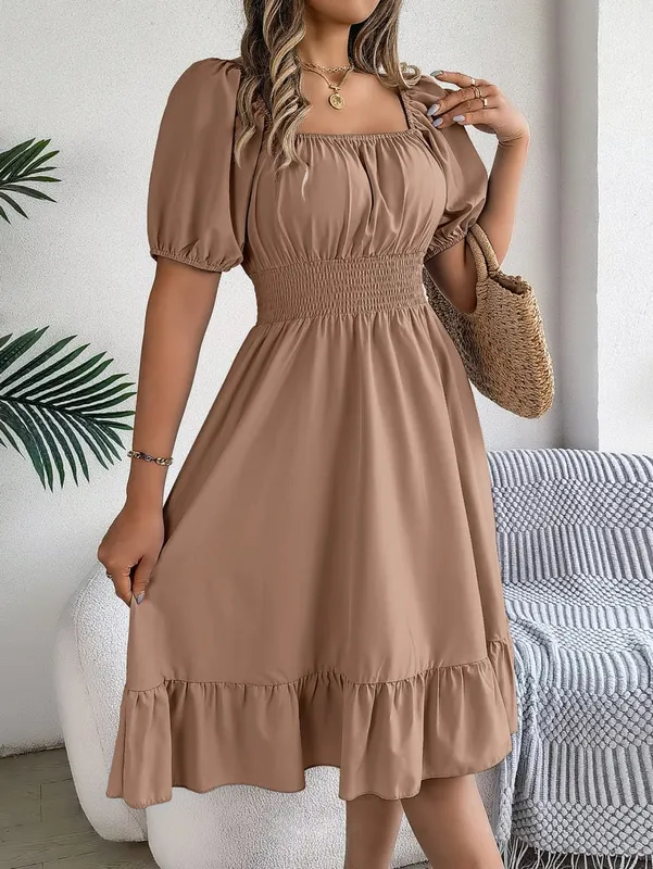 Frühling Sommer Elegantes Kleid mit hoher Taille Square Neck Kurzarm Rüschenkante Lange Kleider 2026 Valentinstag Damenbekleidung — image 6