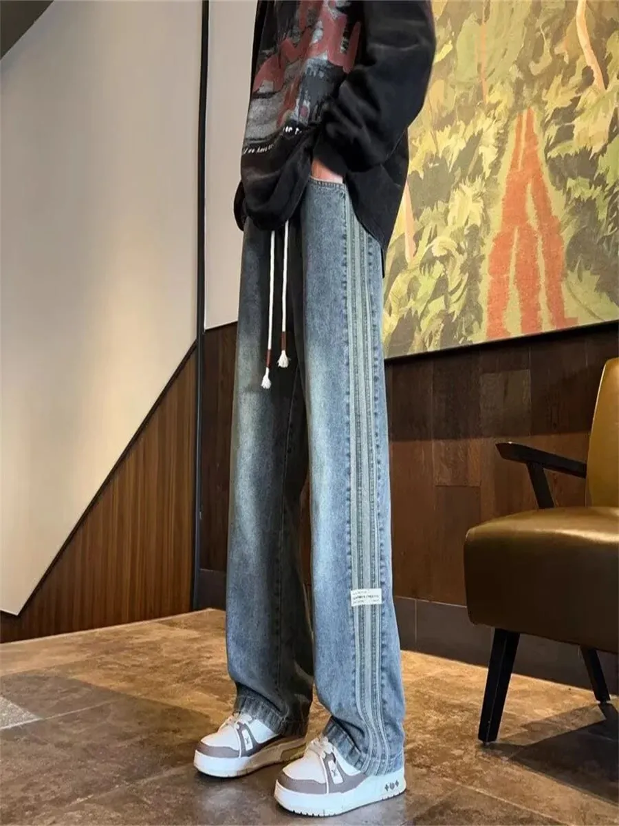 Seluar jeans retro Amerika tiga bar lelaki musim bunga dan musim luruh gaya baharu pinggang elastik jalan tinggi longgar kasual kaki lurus lelaki panjang — image 9
