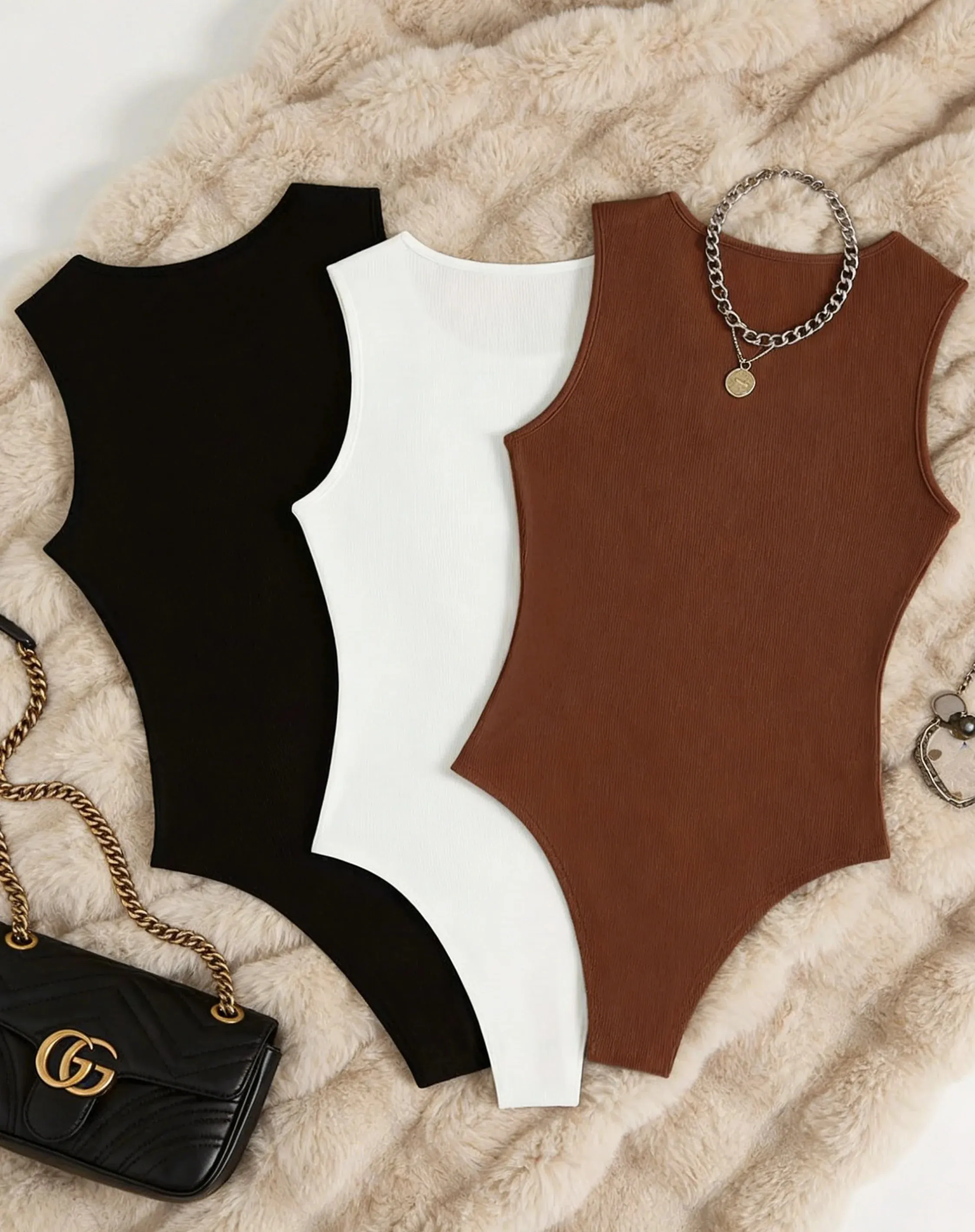 Kvinder 3-pak solid rib-bodysuit med rund hals Afslappet ærmeløs figursyet bodysuit i ét stykke — image 3