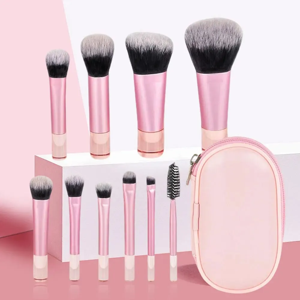 10 stykke mini bærbar makeup børste sæt en rejse Essential multifunktionelle bløde børster med inkluderet opbevaringspose — image 1