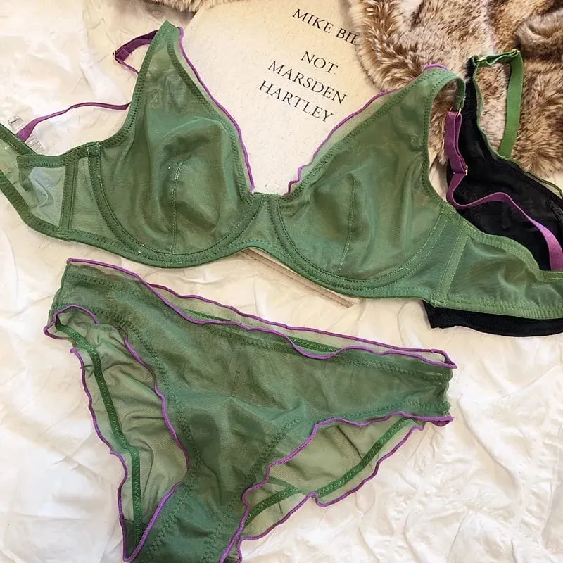 Minimizer 브래지어 플러스 사이즈 Underwire 프랑스 스타일 삼각형 컵 섹시한 메쉬 란제리 세트 지원 32-40 MOYISU 섹시한 브래지어 세트 BC — image 3