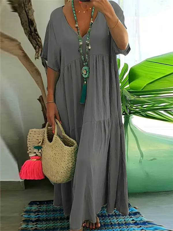 Plus Size Damen Casual Loose V-Ausschnitt Solides Langes Kleid Frühling Sommer Plissee Big Size Damenkleid — image 8