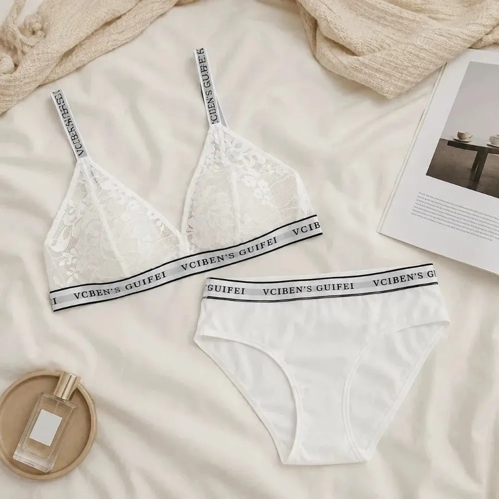 สบายออกแบบตัวอักษรชุดชั้นใน Deep V ไร้สายผู้หญิงชุดชั้นในลูกไม้สี Blocking Bra กางเกงชุดสาว — image 3