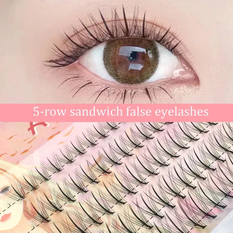 Anlinnet Fishtail + A-type blandet hår Fem rækker blandet naturlige falske øjenvipper Selvpodende enkeltklynge øjenvipper Eye Lash Fa — image 5