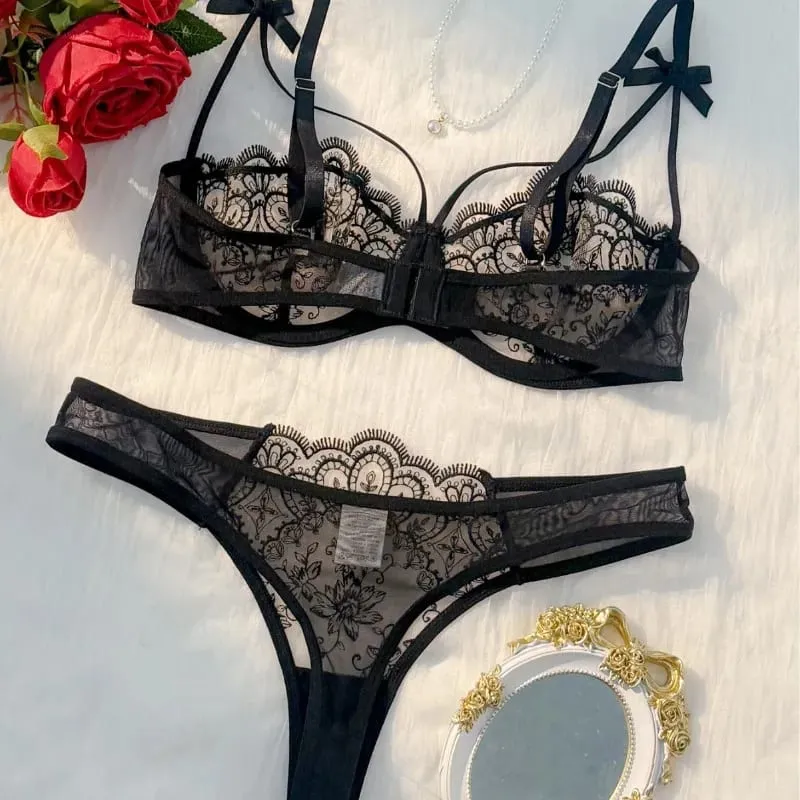 Ensemble 2 pièces noir confortable et léger pour femmes, ensemble soutien-gorge et culotte en dentelle brodée, Semi-transparente, bretelles réglables