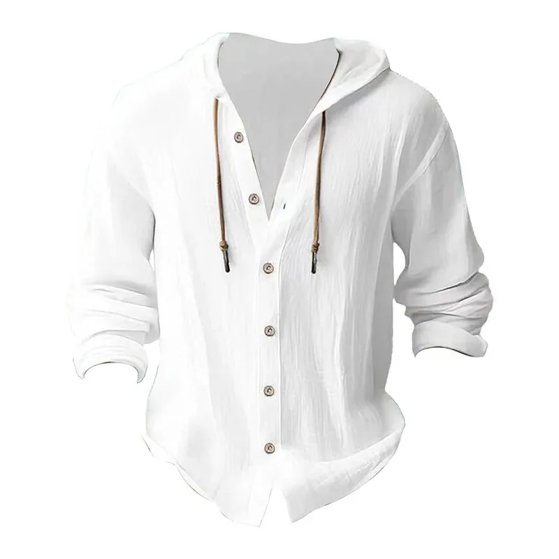 Men's Solid Color Casual Shirt Hooded Drawstring Cotton and Linen Cardigan Trendy and Versatile Loose Beach T-Shirt — image 7